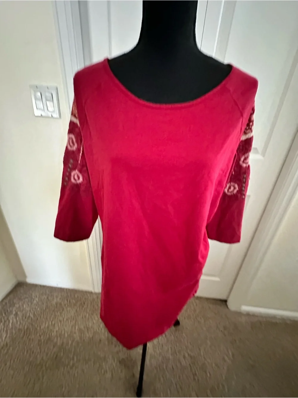 April Cornell Red Embroidered Sleeve Long Sleeve Top